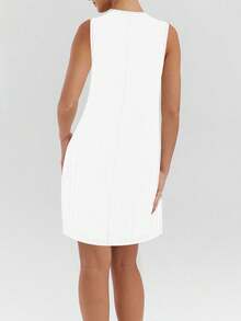 Vestido sin mangas de cuello en V con botones de metal sólido, elegante y sencillo, de estilo europeo y americano para mujeres