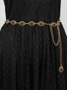 Cadena de cintura retro europea y americana de estilo bohemio para mujer, con flores grabadas en aleación de zinc chapada en oro antiguo y turquesa, adecuada para combinar con atuendos y usar en vacaciones