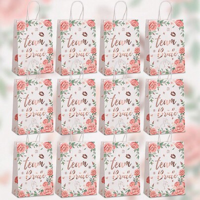 5/6/10/12/24pcs Gold Foil Wedding Favor Bags, Elegant Floral Print Paper Gift Bags With Handle