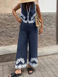 PoPoHouse 女士两件套波西米亚风刺绣蕾丝无袖上衣和阔腿裤套装 - 藏蓝色 - 查看 6