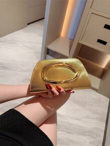1pc Stylish EU/US Metallic Decorated Mini Box Handbag, High-End Shiny Metal Bar Clutch Purse, Elegant Luxury Evening Dress Party Bag, Leather Design Prom Dancing Clutch/Wedding Ceremony Handbag With Metal Chain - Gold - View 3