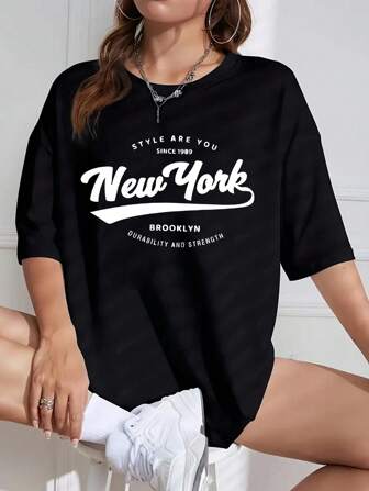Letter Print T-Shirt, Short Sleeve Crew Neck Casual Top For Summer & Spring, Women's Clothing