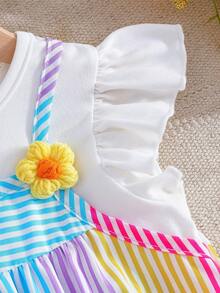 [Dreamy Rainbow . Playful Blooms] Ruffled Sleeve Meets 3D Flower Camisole + Wide Leg Pants Set, Girls Sweet Stripes Outfit, Energetic & Lovely, Suitable For Children's Daily Wear, Leisure, Travel And Outdoor - Multicolor - View 8