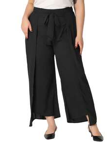 Plus Size Chiffon Palazzo Pants For Women High Waist Tie Front Split Flowy Wide Leg Pants - Black - View 1