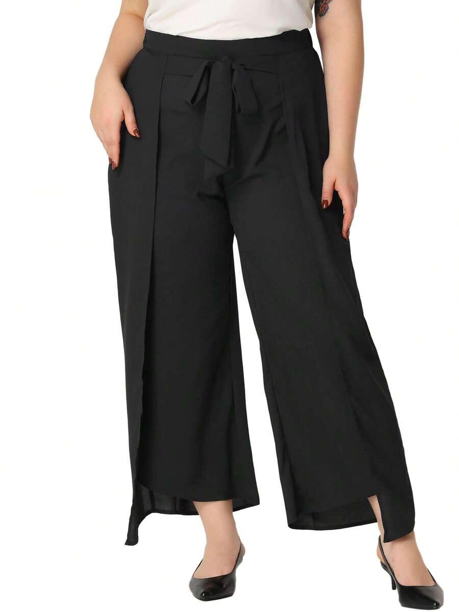 Plus Size Chiffon Palazzo Pants For Women High Waist Tie Front Split Flowy Wide Leg Pants - Black - View 1