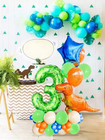 48 件恐龙生日气球套装，包含恐龙气球、18 英寸蓝色星形气球、40 英寸绿色数字气球，适用于恐龙生日派对、恐龙主题派对、丛林恐龙主题装饰、室内外照片拍摄、节日、活动、派对
