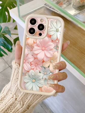 1pc Pink Flower Pattern Design Thick & Scratch-Resistant Camera Protection Shockproof Soft Silicone Phone Case Compatible With IPhone Apple 11 Pro Max, 12 Pro Max, 13 Pro Max, 14 Pro Max, 15 Pro Max, 16 Plus, 16 Pro Max, 16E, Galaxy A55, A15, S24 Ultra, Redmi, OPPO, Realme, VIVO, Infinix, Honor, OnePlus Waterproof Anti-Fall