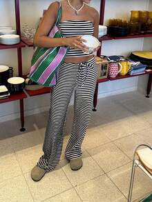 Vaiaye 女式夏季性感条纹针织休闲露肩上衣和休闲版型腰带裤，适合日常穿着