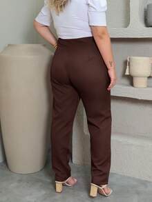 Plus Size Tailored Trousers With Button GG To G3 - Coffee Brown - View 3