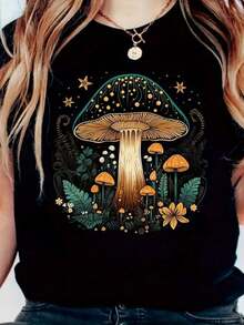 Women's Fashion Shirt Printed Blue Details 100% Cotton Casual Cute T-Shirt - 黑色 - 查看 2