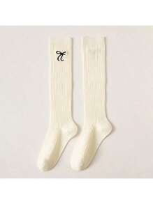 2 Pairs Girls Over The Knee Socks With Embroidery, Long Cotton Tube Socks For Lolita Style, Suitable For Spring, Autumn & Winter