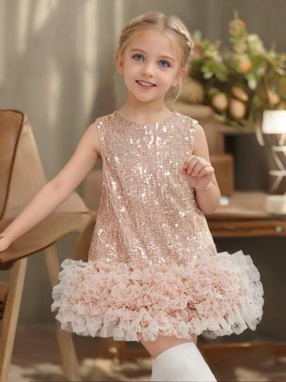 Young Girls Glitter Round Neck Sleeveless Elegant Princess Backless Dress, Party Occasion Summer Dress