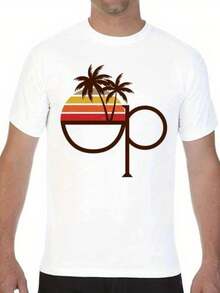 Men's Vintage Retro OP Ocean Pacific Logo Tank Top & Short Sleeve T-Shirt - 100% Cotton Soft Breathable Regular Fit Crew Neck Tee With Geometric Palm Tree & Stripes Design For Summer Casual Wear - White - View 1