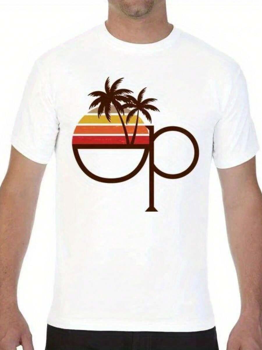 Men's Vintage Retro OP Ocean Pacific Logo Tank Top & Short Sleeve T-Shirt - 100% Cotton Soft Breathable Regular Fit Crew Neck Tee With Geometric Palm Tree & Stripes Design For Summer Casual Wear - White - View 1