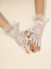 1 Pair Women Lace Trim Half Finger Gloves, Fashionable Sexy Sheer Mesh Fingerless Thin Elegant Driving Travel Gloves, Summer - White - View 2