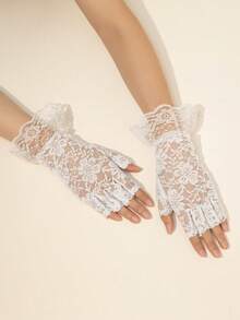 1 Pair Women Lace Trim Half Finger Gloves, Fashionable Sexy Sheer Mesh Fingerless Thin Elegant Driving Travel Gloves, Summer - White - View 3