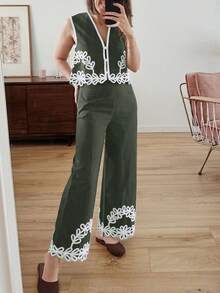 Ensemble 2 pièces femme style bohème, top sans manches avec broderie de dentelle et pantalon large - Militaire verte - Voir 9