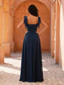 MOEVIO Women's Elegant Off-Shoulder Ruffle Sleeve A-Line Slit Thigh Bridesmaid Wedding Guest Formal Evening Gown, Suitable For Prom, Graduation, Holiday, Birthday Party, Autumn - Navy Blue - View 4