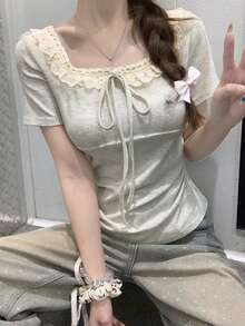 Summer Korean Style Pure Ruffled Collar Splice Tie Short Sleeve Cropped T-Shirt For Women Casual - Gray - View 1
