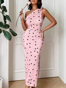 Vestido rosa con hombros descubiertos para mujer de Oldmarny con diseños de corazones del Día de los Enamorados, besos, abrazos y frases de amor - Rosa - Ver 7