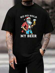 Camiseta divertida de Papá Noel hawaiano para Navidad y verano para hombre, camiseta tropical de vacaciones, camiseta para fiestas navideñas, regalo de Navidad para papá, esposo, Ho Ho Hold My Beer, camiseta de vacaciones - Negro - Ver 1