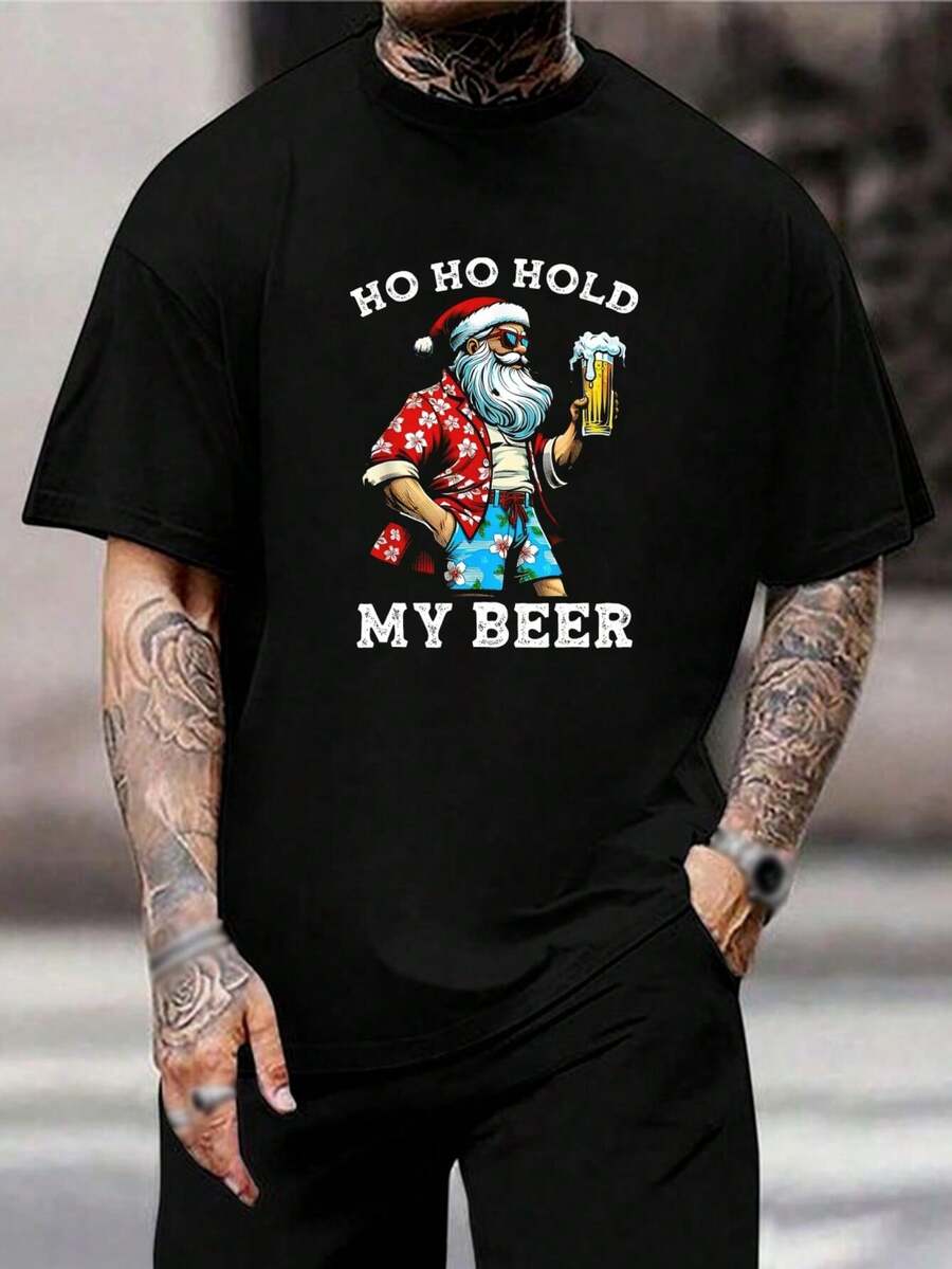 Camiseta divertida de Papá Noel hawaiano para Navidad y verano para hombre, camiseta tropical de vacaciones, camiseta para fiestas navideñas, regalo de Navidad para papá, esposo, Ho Ho Hold My Beer, camiseta de vacaciones - Negro - Ver 1