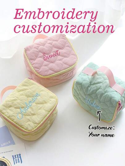 1pc Personalized Cute Ins Style Heart-Shaped Cosmetic Bag, High-Quality Padded Candy Color Handheld Makeup Pouch, Portable Travel Toiletry Bag, Large Capacity Embroidered Personalized Beauty Bag, Multi-Function Storage Bag, Ideal Wedding Bridesmaid Gift, Fashion Versatile Letter Bag, Suitable For Daily Use, Gift For Family, Friends, Mother, Partner, Can Be Used For Mother's Day, Valentine's Day, Nurses' Day, Teacher's Day, Christmas, Birthdays