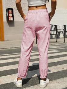 Lanwont Women's Linen Trousers Summer Casual High Waist Drawstring White Beach Pants - 粉色 - 查看 2