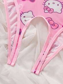 Sanrio 印花蝴蝶结V领透视蝴蝶结泰迪连体衣，性感女士内衣连体衣 - 淺粉色 - 查看 8