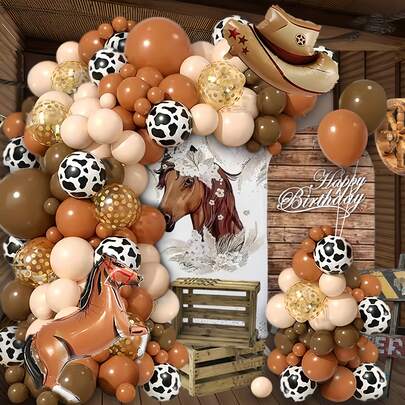 Set de 110 globos estilo vaquero occidental | Kit de arco de globos y guirnalda con diseño de caballos, adecuado para fiestas de campo, festivales de rodeos, cumpleaños con temática campestre. Globos de color marrón claro