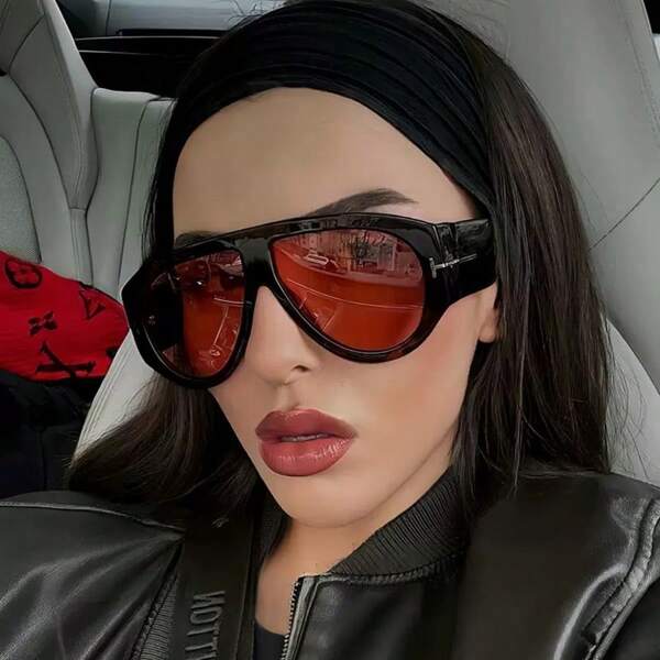 1pc New Fashionable Aviator Style Fashion Glasses With Large Frame For Outdoor Boho Shades Beach Accessories Beach Accessories For Women Glasses Shades Color Blocking Boho Vacay Vibes For Summer Beach Vacation,Outdoor,Travel Preppy Style For Back To School Shield Shape