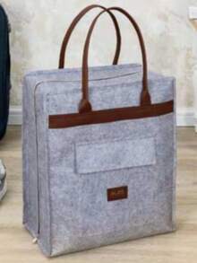 MADE IN TURKEY Felt Styles Shoes Bag With Leather Handle Organizer Bag | 35x22x40 Cm | Leather Handle - Grey - View 2
