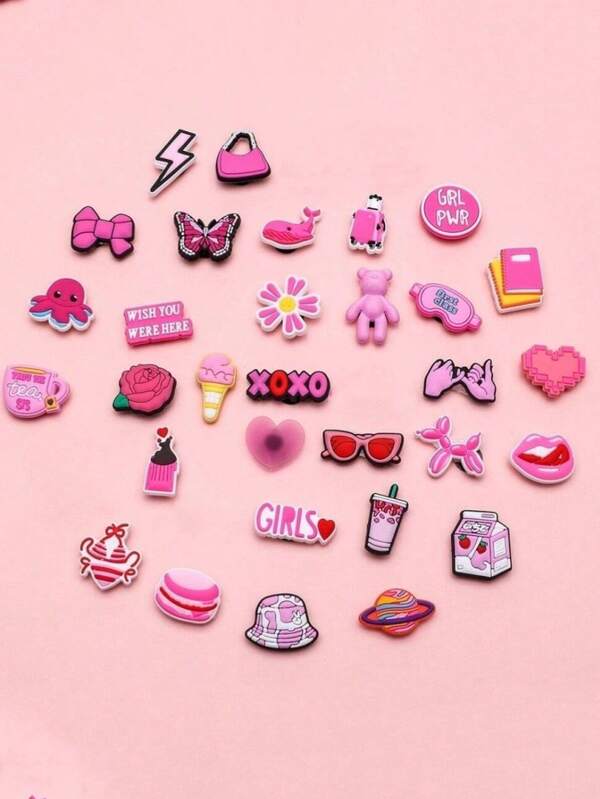 36pcs Pink Shoe Charms Set, PVC Decorative Cute Cartoon Hole Shoe Flowers, Detachable Garden Shoe Clips, Suitable For Clogs, Sandals Decoration, Teens DIY Accessories, Christmas, Birthday Gifts, Shoe Decorative Clips, Back To School Gifts