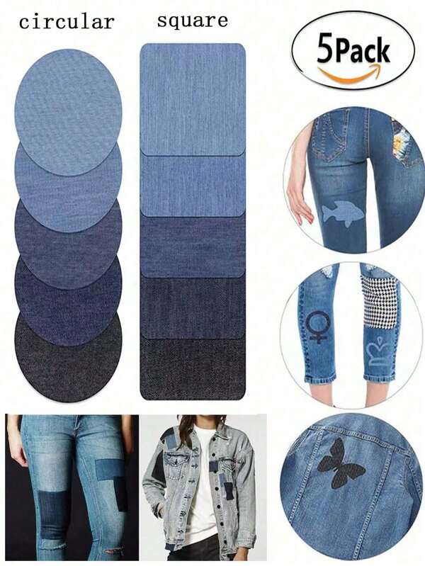 Set de 5 parches de algodón de mezclilla para jeans, parches autoadhesivos de tela para reparación, kit de decoración con bordado DIY para jeans, se pueden cortar en varias formas, kit de parches de remiendo de mezclilla para ropa rasgada, 5 colores elegantes