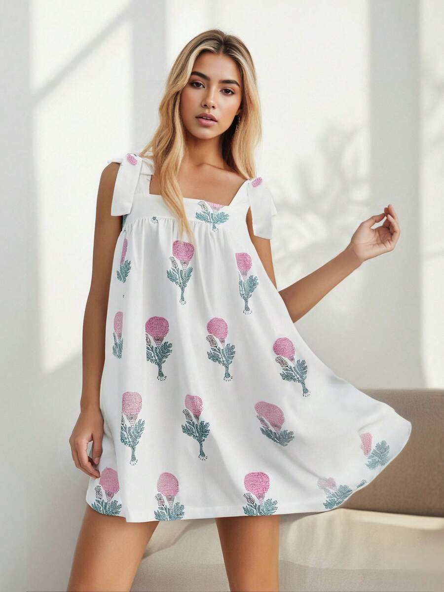 Women Sleeveless A-Line Dress Summer Casual Floral/Stripe Print Tie Up Straps Loose Party Dress For Beach Streetwear - Hồng - Xem 1