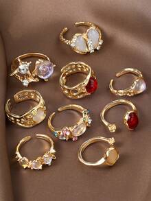 9pcs Set Asymmetrical Hollow Heart Rhinestone Faux Gemstone Star Burst Design Chunky Rings, Cute Stackable Fashionable Elegant Vintage Style, Suitable For Holiday, Party, Date, Daily Wear, Gift - Yellow Gold - View 4