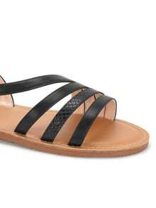 Women's Flat Strappy Sandals With Textured Detail And Adjustable Buckle – Lightweight And Comfortable For Summer Days - Black - View 2