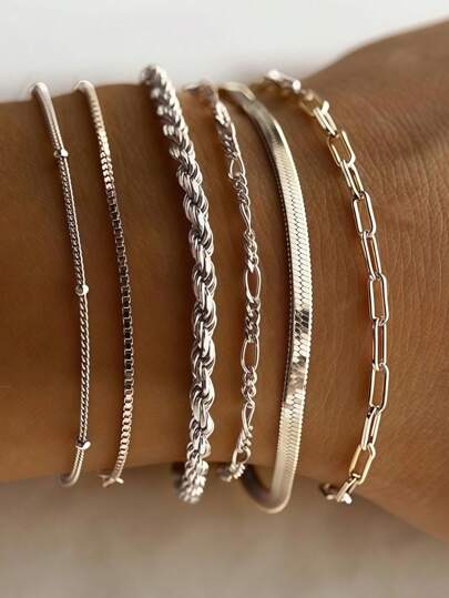 6pcs New Stainless Steel Waterproof & Fade-Resistant Braided Chain, Snake Chain, Bead Chain Bracelets, Versatile For Women's Daily, Party Wear, Beach Outfit, Gift