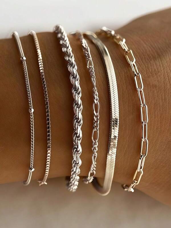 6 peças de corrente trançada de aço inoxidável à prova d'água e resistente ao desbotamento, corrente de cobra, pulseiras de corrente de contas, versáteis para o dia a dia feminino, roupa de festa, roupa de praia, presente