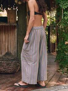 Women's Drawstring Striped Trousers Loose Wide Leg Casual Trousers Casual Paraiso Trousers With Pockets Trousers - 淺灰紫 - 查看 2