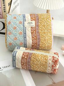 1pc Vintage Contrast Random Flower Pattern Quilted Large Capacity Cosmetic Bag, Fashionable Portable Cosmetic Bag, Girls Travel Cosmetic Bag, Portable Toiletry Bag, Can Hold Lipstick, Sanitary Napkins, Coins, Small Items, Etc., Suitable For Home, Travel, Cruise, Vacation And School Use, Wedding Bridesmaid Gifts, Birthday Gifts, Gifts For Good Friends - Beige - View 11