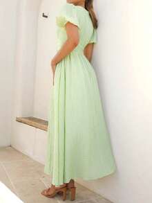 PoPoHouse Women's Solid Color Elegant V-Neck Puff Sleeve Dress, Suitable For Vacation Outfit, Spring/Summer - Green - View 5