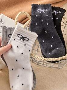 4 Pairs Women's Polka Dot Bow Short Socks, Black, White, Gray Optional, Suitable For Any Season - Multicolor - View 3