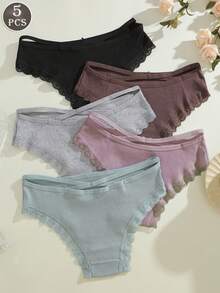 5pcs/Set Women Lace Patchwork Comfortable Breathable Bow Decor Panties Set, Soft Stretchy Casual Underwear - Multicolor - View 2