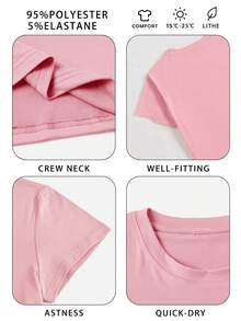 女士夏季字母标语印花休闲宽松圆领短袖T恤上衣 女式夏季服装 粉色 - 粉色 - 查看 4