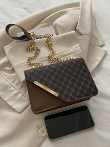 Mini Fashionable Plaid Contrast Stitching Crossbody Bag, Metal Chain Strap Shoulder Bag Square Purse, Suitable For Shopping - Coffee - View 5