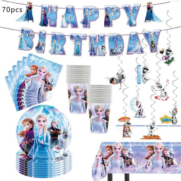 Disney Disney Frozen Party Supplies, Included Birthday Banner,Hanging Vortex,Plate,Napkins,Paper Cups,Tablecloth For Frozen Party Decorations,Frozen Birthday Party Decorations,Disney Frozen Tableware,Disney Princess Elsa Party Decorations