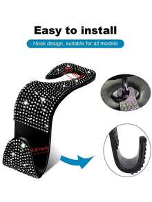 Rhinestone Car Seat Headrest Hook, Hidden Design, Automotive Back Seat Hanger - Black - View 9