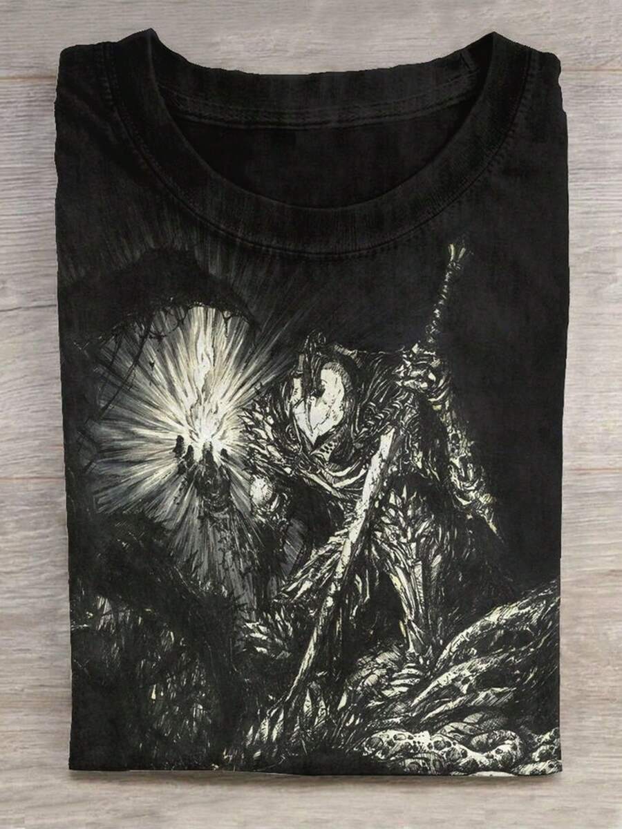 230g Washed, Dark Soul Printed T-Shirt, High-Quality Wax Printed Cotton Retro Fashion Brand T-Shirt, Men's T-Shirt, Summer T-Shirt, Holiday Gift, Perfect Gift, Father's Day Gift