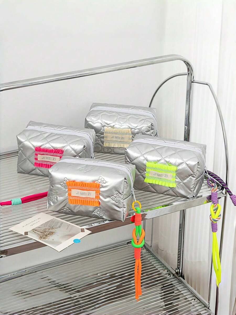 1 件可爱绗缝化妆包带手柄化妆刷收纳袋心形化妆包带绳吊坠多功能学生文具包化妆品收纳袋